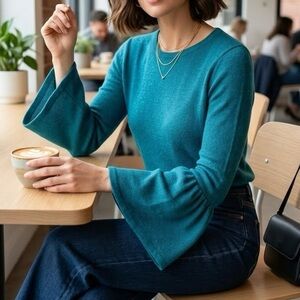 Hekla & Co. Italy Cashmere Wool Teal Bell Sleeve Ribbed Knit Sweater Luxury Chic